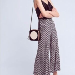 Anthropologie Black and White Cropped Wide Leg Pants with Geometric Pattern